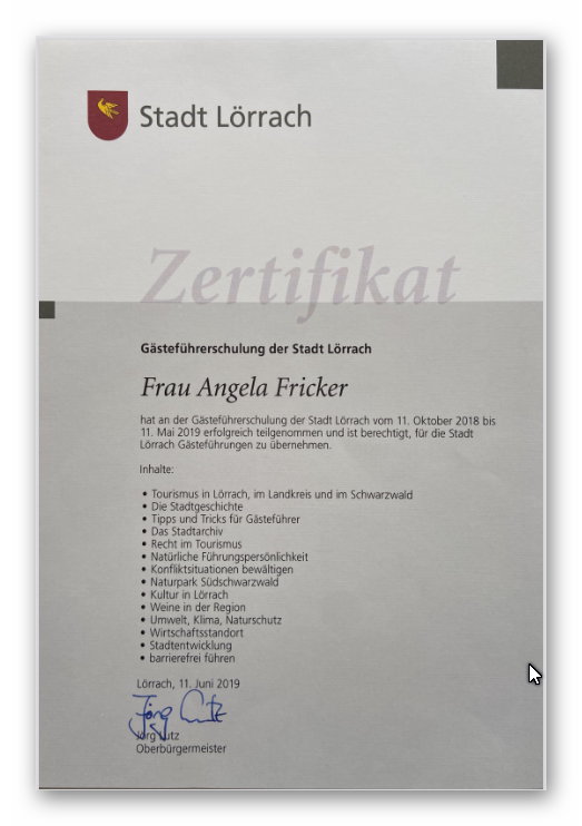 Angie Fricker - Zertifikat Stadt Lörrach